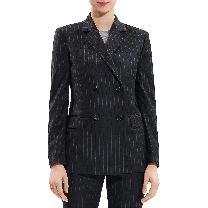 Womens Wool Pinstripe Double-Breasted Blazer Women's Leather Blazer