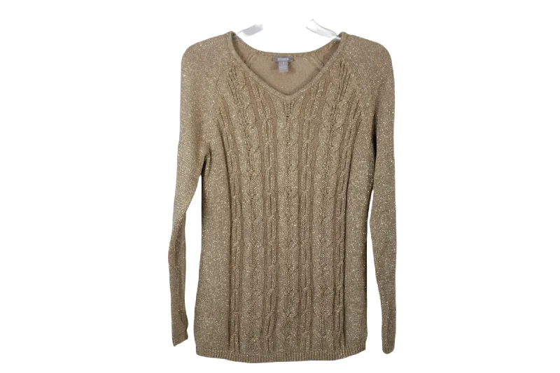 Chico's Gold Shimmer Cable Knit Sweater | 1 (M/8) Embroidered Appliqued Beaded