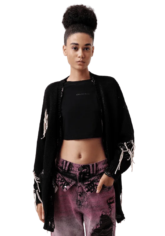 Spray Painted Knitted Cardigan Toggled Drawstring Belted
