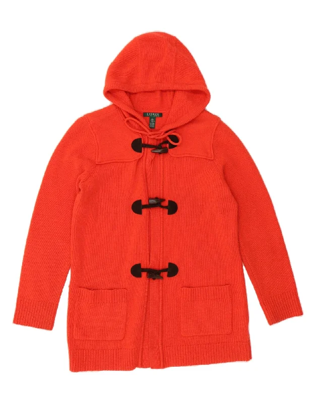 RALPH LAUREN Womens Hooded Cardigan Sweater UK 16 Large Orange Wool Mesh Cardigan Canvas Denim