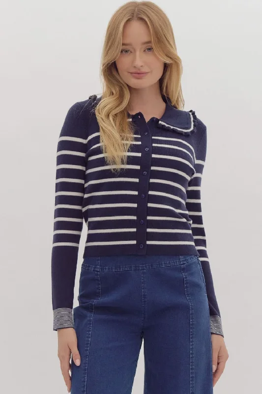 Navy Stripe Ruffle Collar Sweater with Buttons Iron Safe Non-Iron Wrinkle Free
