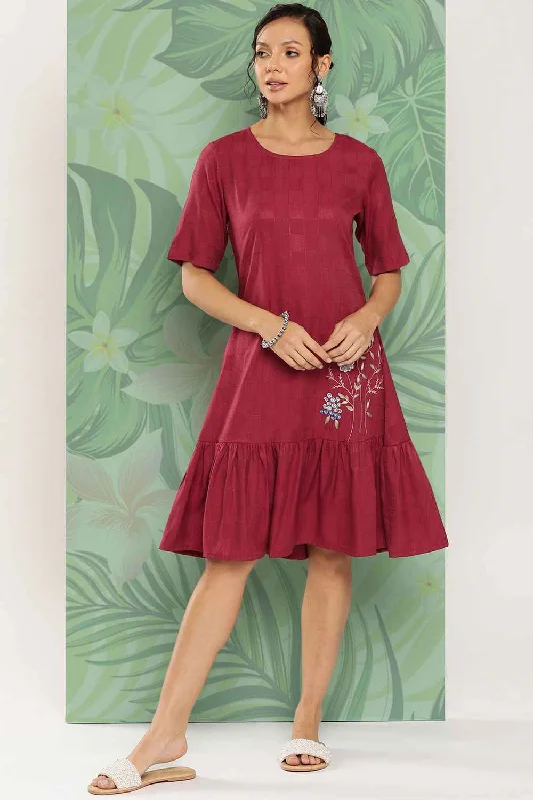 Red Embroidered Rayon Dress