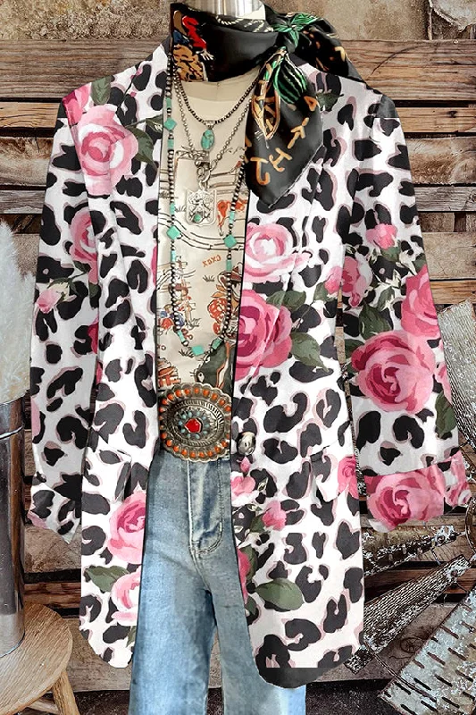 Vintage Leopard Print Pocket Blazer Women's Fashion Blazer