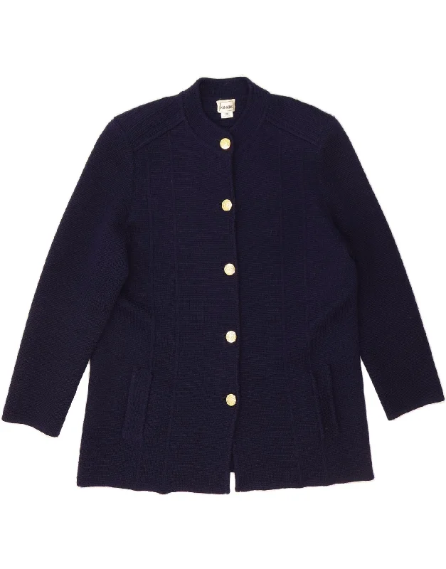 VINTAGE Womens Cardigan Sweater UK 20 2XL Navy Blue Wool Real Fur Shearling Chenille