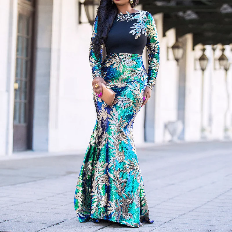 Vintage Green Long Sleeve Mermaid Sequins Dress Sparkly Elegant Plus Size Shiny Party Evening African Long Dresses for Women