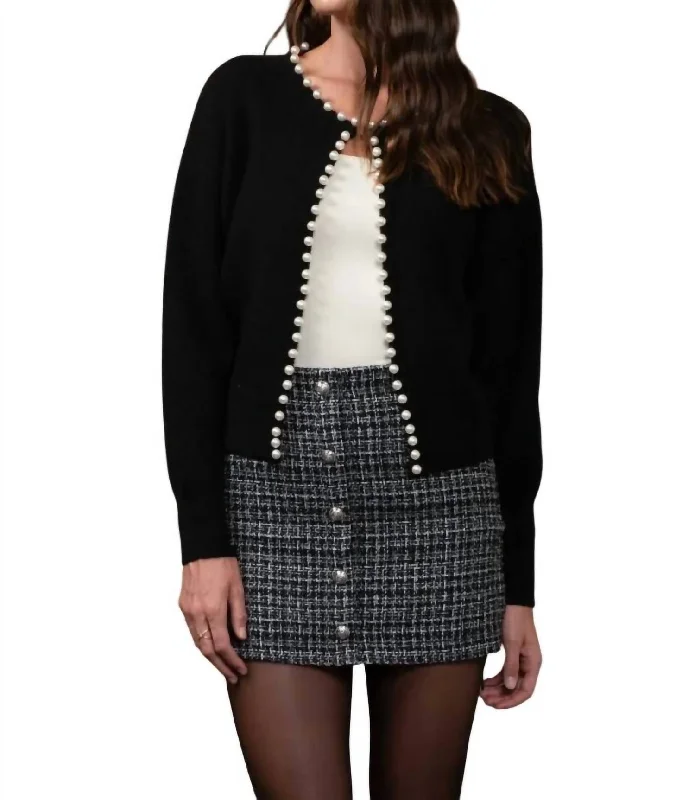 Pearl Trim Cardigan In Black Print Jacquard Patchwork