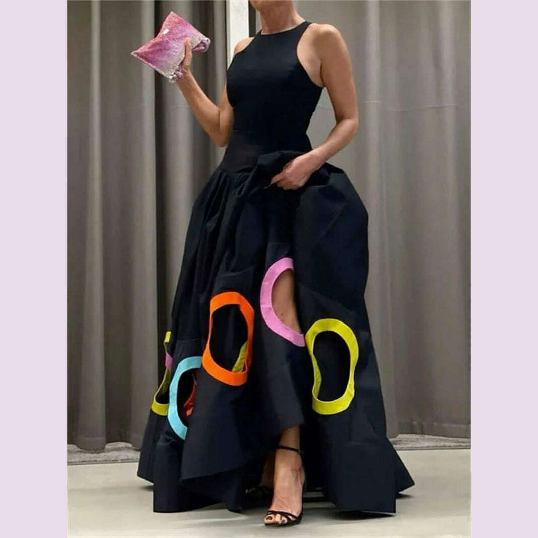 Modigirl Summer Clothes Women 2024 Dress Hollow Pleated Split-Joint Sleeveless Round-neck Party Vestidos Largos Black Dress Long