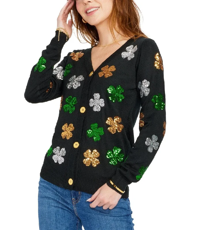 Women's Sequin Clover Cardigan Sweater Herringbone Houndstooth Plaid