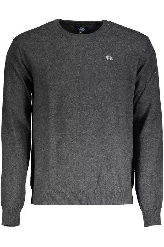 Gray Wool Men Sweater Ribbed Striped Patterned