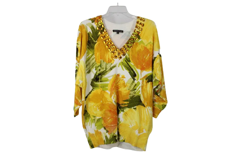 Adrienne Vittadini Silk Blend Yellow Knit Sweater Top | XL Satin Blend Silk Blend Wool Blend
