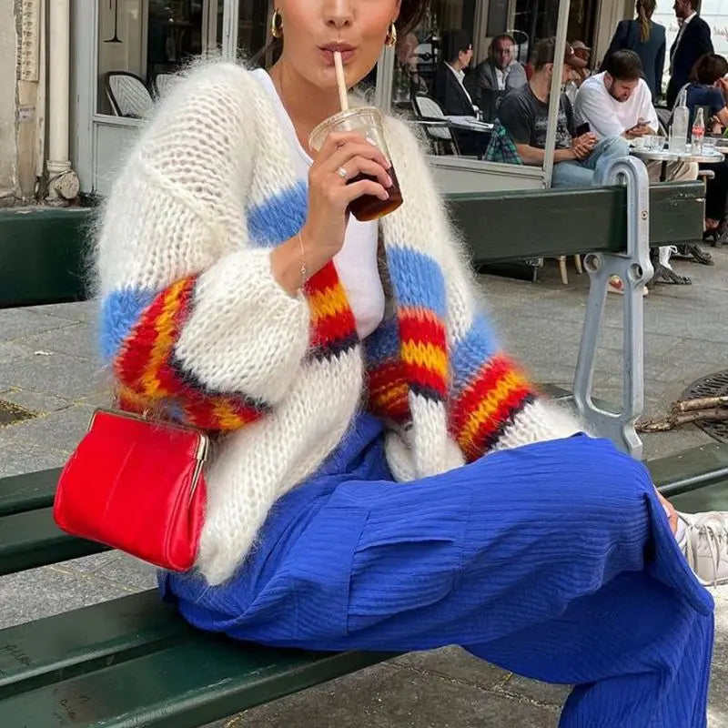 Advbridge Women Y2K Open Front Loose Sweaters Fuzzy Lightweight Stripe Print Contrast Color Long Sleeve Knitwear Cardigans Coat Iron Safe Non-Iron Wrinkle Free