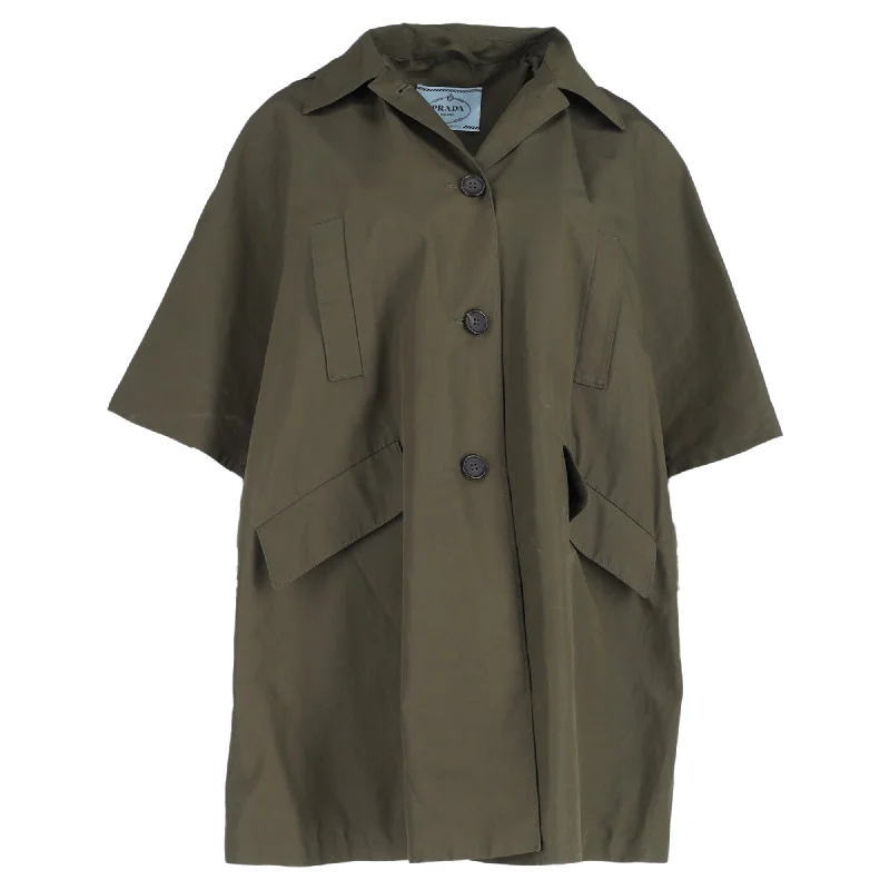 Prada Buttoned Hooded Short Sleeve Parka Jacket in Olive Cotton Waterproof Quilted Parka Jacket