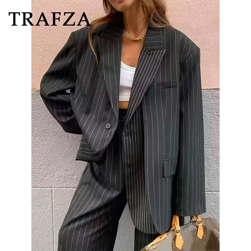 TRAFZA 2024 Spring Summer Office Lady Blazers Fashion Chic Casual Solid Single Breasted Elegant Oversized Shrug Women Blazers Women's Daily Blazer