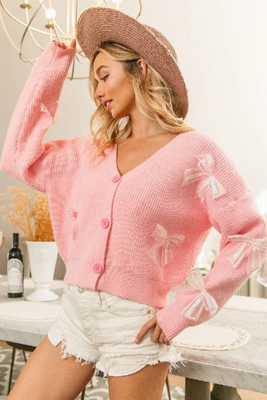 Bow Cardigan Sweater Solid Print Embellished