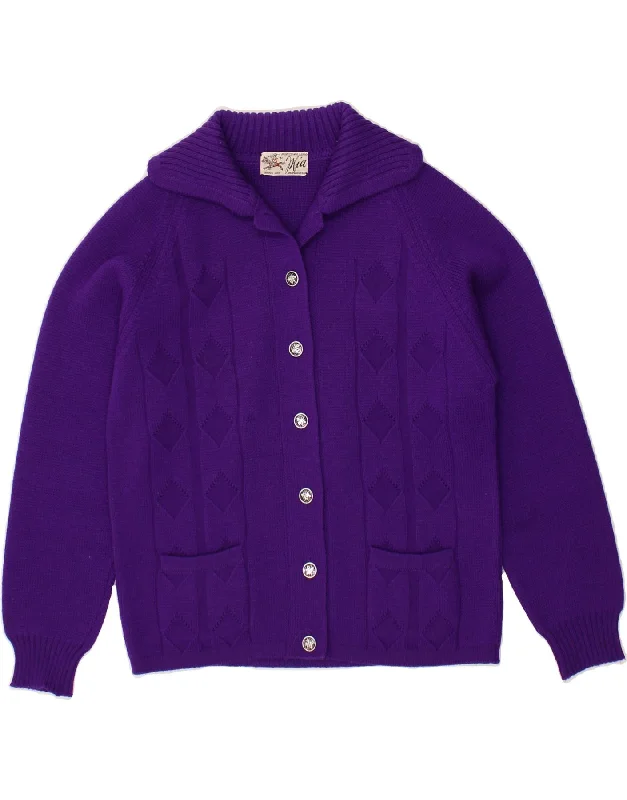 VINTAGE Womens Cardigan Sweater UK 12 Medium Purple Wool Tailored Straight A-Line