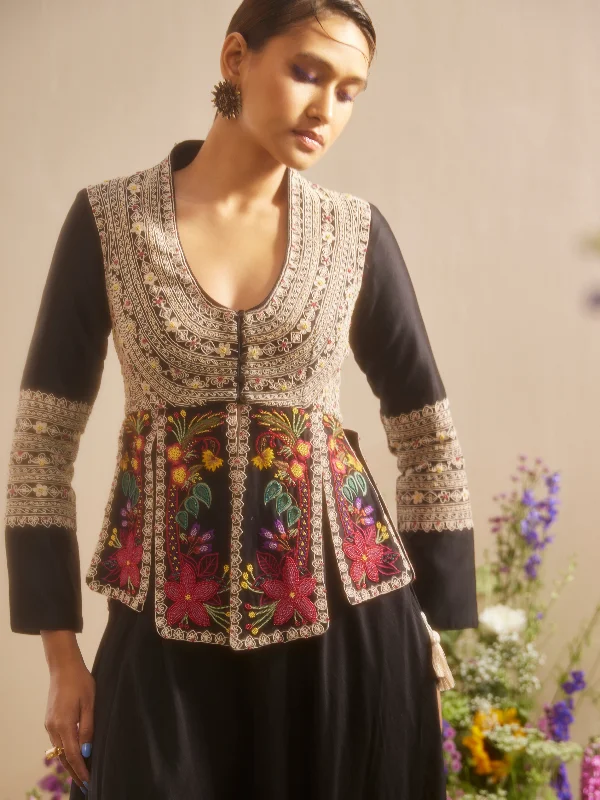 Black Cordwork And Beadwork Panelled Jacket Zippered Front Buttoned Front Snap Front Black Cordwork And Beadwork Panelled Jacket Zippered Front Buttoned Front Snap Front