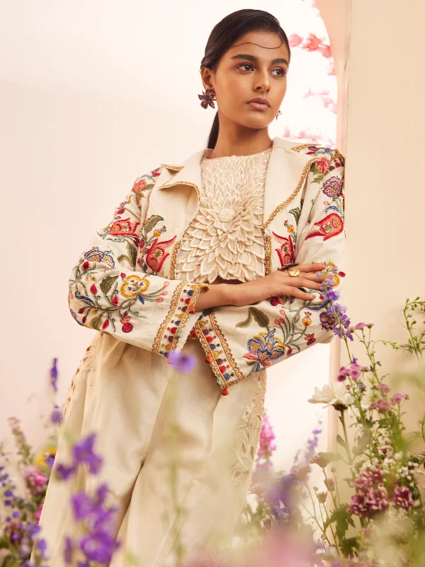 Ivory Embroidered Bolero Jacket Hoodie Zip-Up Jacket Button-Up Jacket