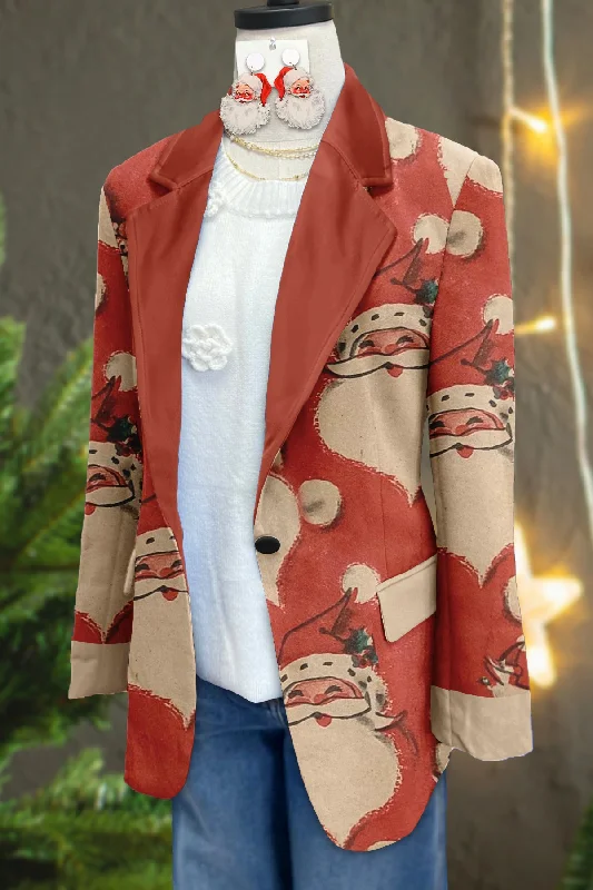 Vintage Christmas Ugly Santa Print Blazer Women's Daily Blazer