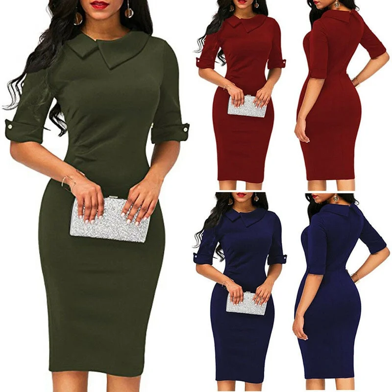 New Spring  Half Sleeve Full Solid Dress Ladies Casual Women Dresses Office Lady Formal Business Work Party Sheath Dress