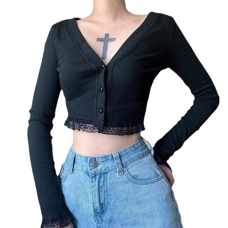 Women's Grunge Slim Fitted Lace Hem Cardigan Long Cardigan Short Cardigan Medium Cardigan