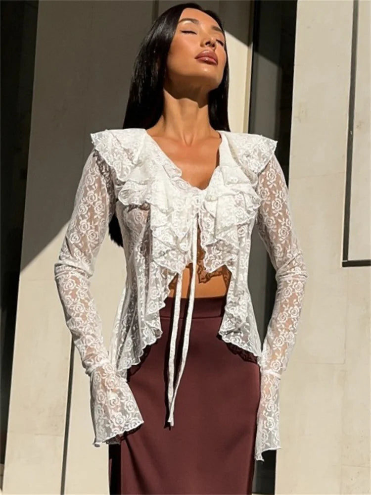 Advbridge Mesh Printed See-Through T-shirt Top Female Lace-Up V-Neck Ruffled Sexy Cropped Top Women's Bandage Cardigan Tee Ladies Jersey Fabric Tulle Fabric Batik Fabric
