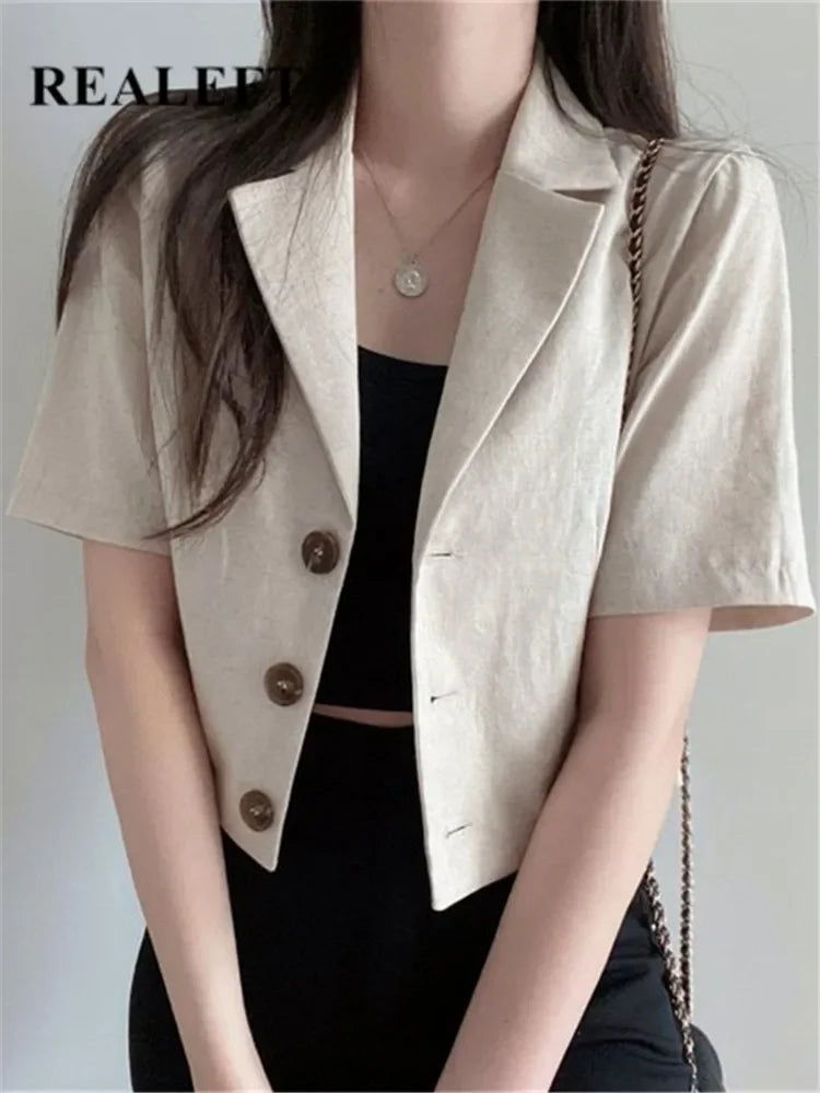 REALEFT Vintage Style Cotton and Linen Suit Women's Blazer 2024 Spring Summer Solid Color Short Sleeve Casual Short Outwear Coat Women's Premium Blazer REALEFT Vintage Style Cotton and Linen Suit Women's Blazer 2024 Spring Summer Solid Color Short Sleeve Casual Short Outwear Coat Women's Premium Blazer