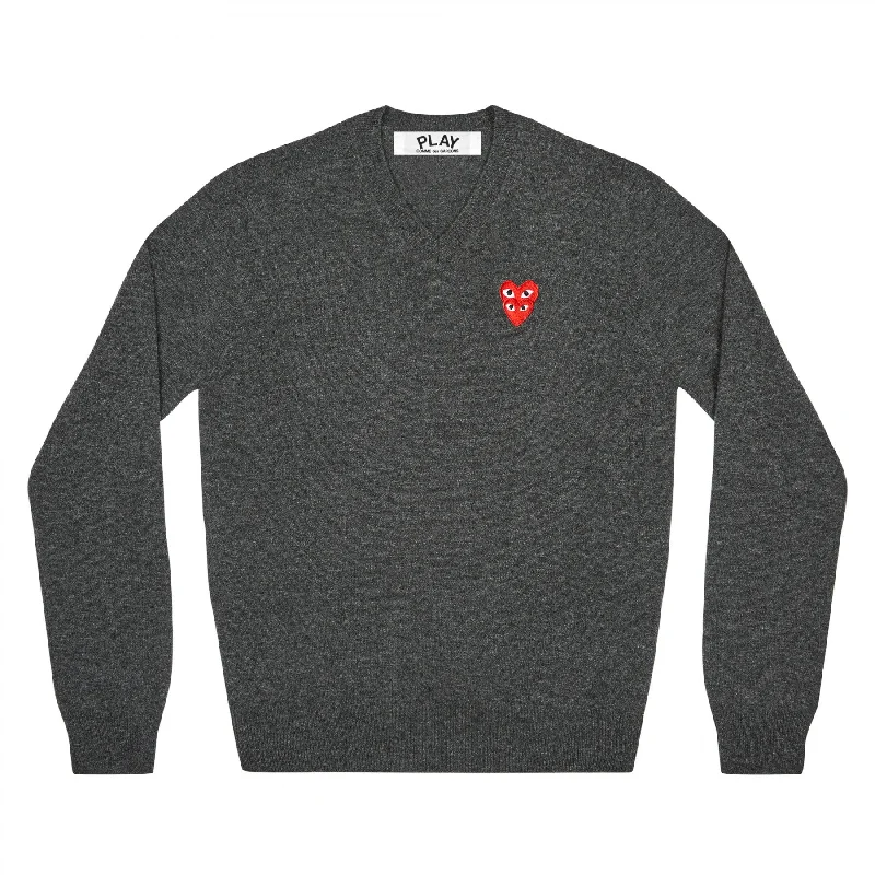 Play Comme des Garçons Double Eye V Neck Sweater (Grey) Oversized Loose Flowy