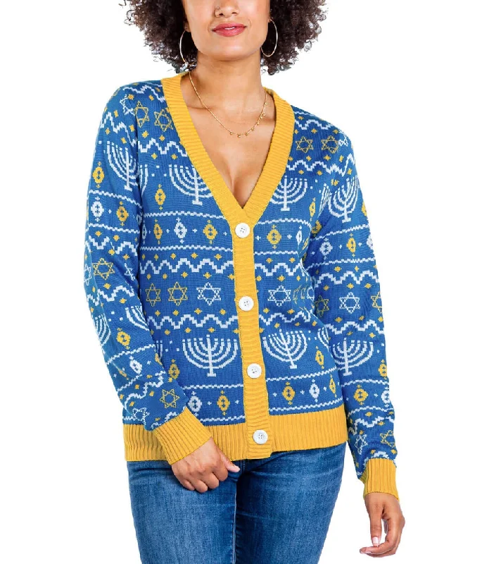Women's Menorah Print Cardigan Sweater Cable Knit Ribbed Knit Lace Knit