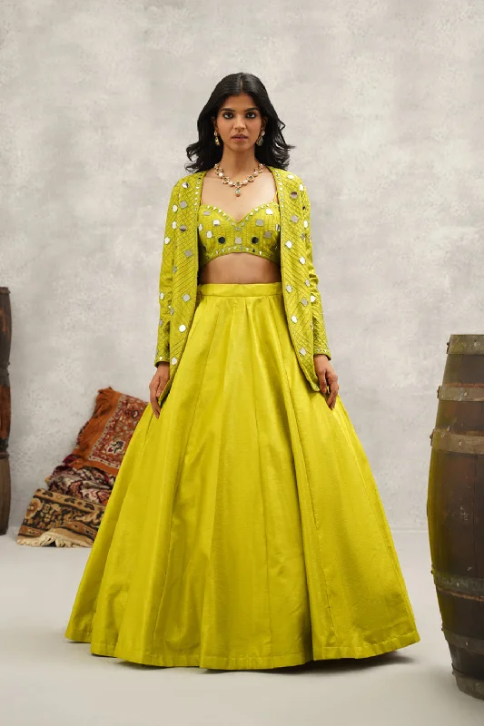 Lime Green Mirror Work Blouse, Jacket And Lehenga Set Boat Neck Shawl Collar Notched Collar