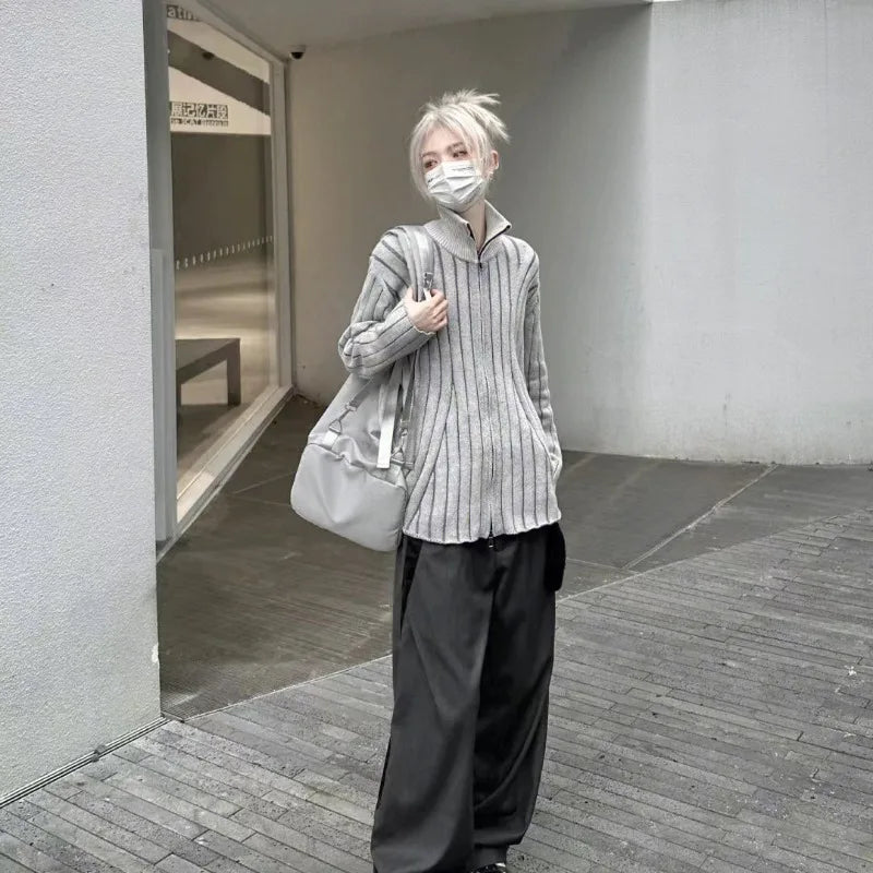 Advbridge Gray Striped Y2K Women Sweater Vintage Turtleneck Korean Fashion Zipper Knit Cardigan Harajuku Autumn Slim Preppy Style Silk Blend Satin Velvet Advbridge Gray Striped Y2K Women Sweater Vintage Turtleneck Korean Fashion Zipper Knit Cardigan Harajuku Autumn Slim Preppy Style Silk Blend Satin Velvet