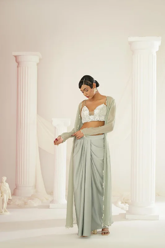 Sage Green Embellished Blouse, Dhoti And Long Jacket Zippered Front Buttoned Front Snap Front Sage Green Embellished Blouse, Dhoti And Long Jacket Zippered Front Buttoned Front Snap Front