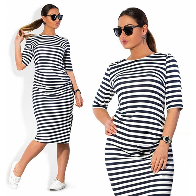 5XL 6XL Large Size 2019 Spring Autumn Dress Big Size Dress White Black Striped Dresses Plus Size Women Clothing Belt Vestidos