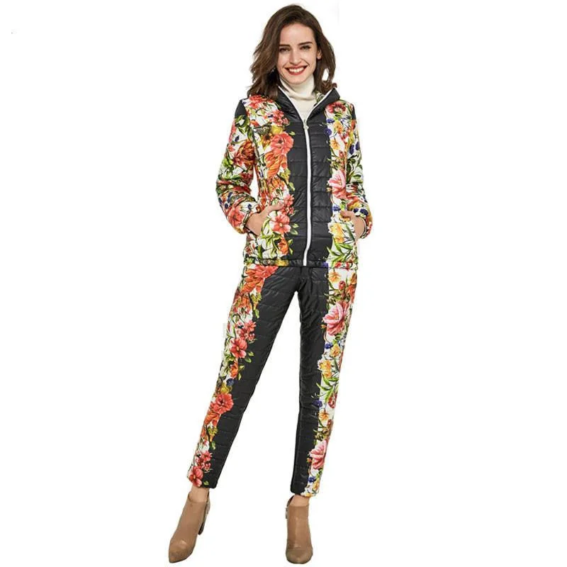 Women Casual Flower Printed Hooded Warm Basic Parka Suits (Coat+Pants Sets ) Outwear Chic Belted Parka Coat Women Casual Flower Printed Hooded Warm Basic Parka Suits (Coat+Pants Sets ) Outwear Chic Belted Parka Coat