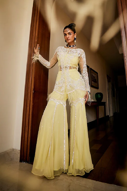 Lemon Chiffon Jacket, Bustier & Gharara Set Boat Neck Shawl Collar Notched Collar