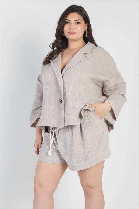 Plus Size Grey Blazer and High Waist Shorts Set Women's Adventure Blazer