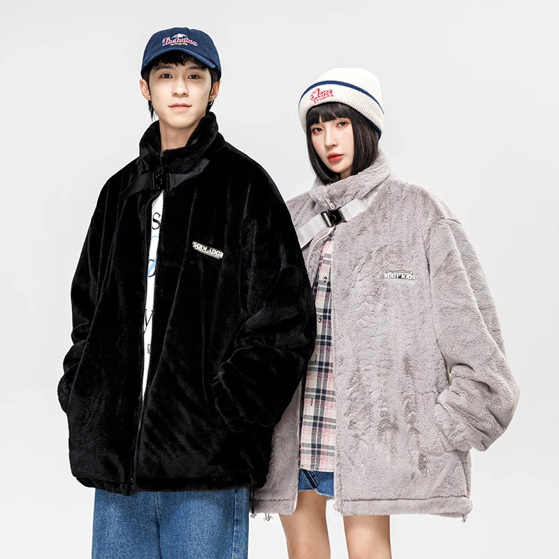 Faux Rabbit Fur Coat Men Letter Embroidery Gothic Heavy Jacket Streetwear Fashion Winter Fleece Harajuku Warm Thick Parkas Women Faux Fur Hooded Parka