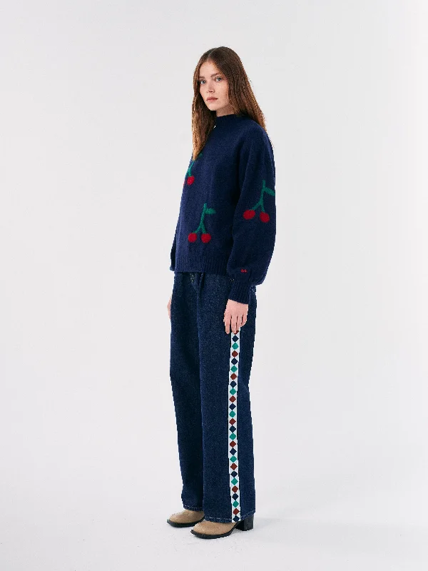 Cherry Printed Turtle Neck Jumper Spandex Blend Rayon Blend Denim Blend