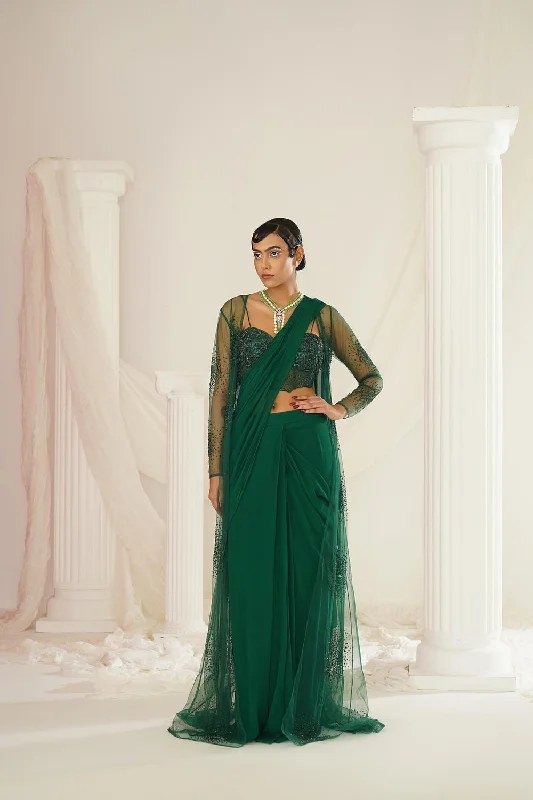 Bottle Green Embellished Corset Blouse, Ready To Wear Saree And Long Jacket Cotton Fabric Linen Fabric Terry Fabric Bottle Green Embellished Corset Blouse, Ready To Wear Saree And Long Jacket Cotton Fabric Linen Fabric Terry Fabric