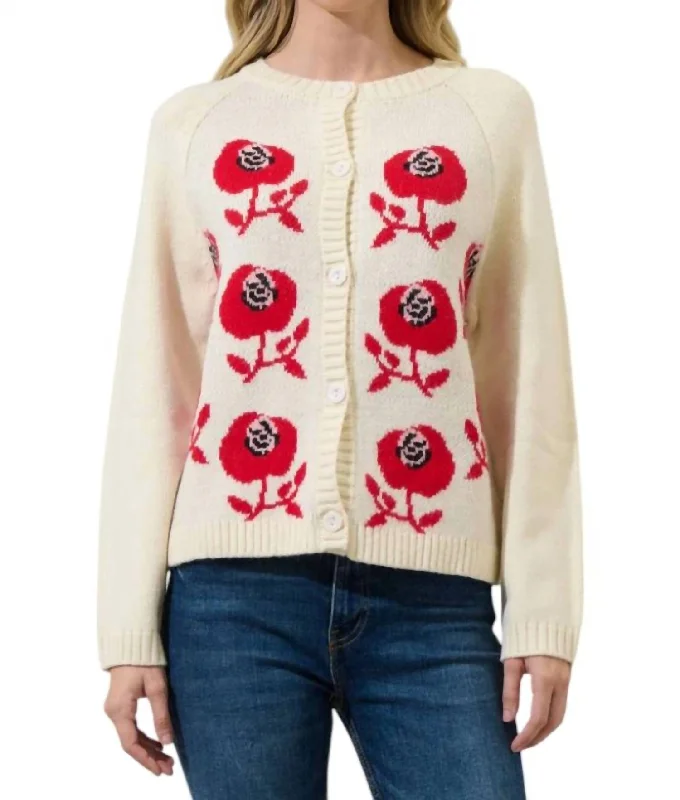 Peralta Floral Cropped Cardigan In Ivory Floral Cashmere Blend Cotton Blend Poly Blend