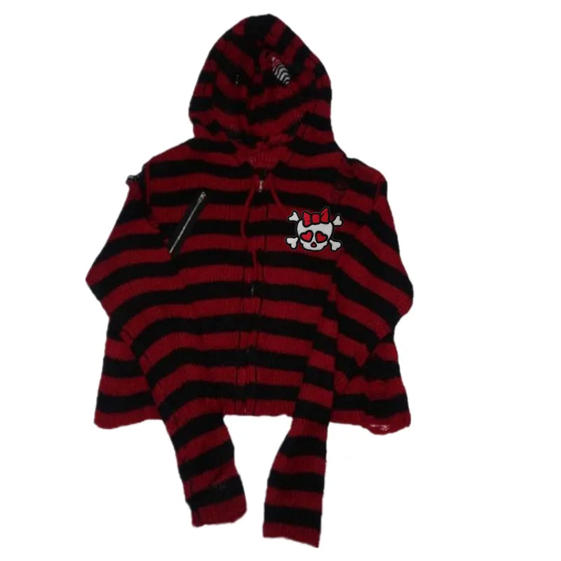 Advbridge Women Sweater Harajuku Gothic Girl Skull Striped Knitted Sweater Punk Rock Zipper Loose Hooded Short Cardigan Chic Streetwear Fleece Cardigan Nylon Polyester