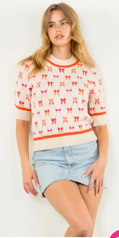 Ribbon Pattern Sweater Top Front Pockets Side Pockets Patch Pockets