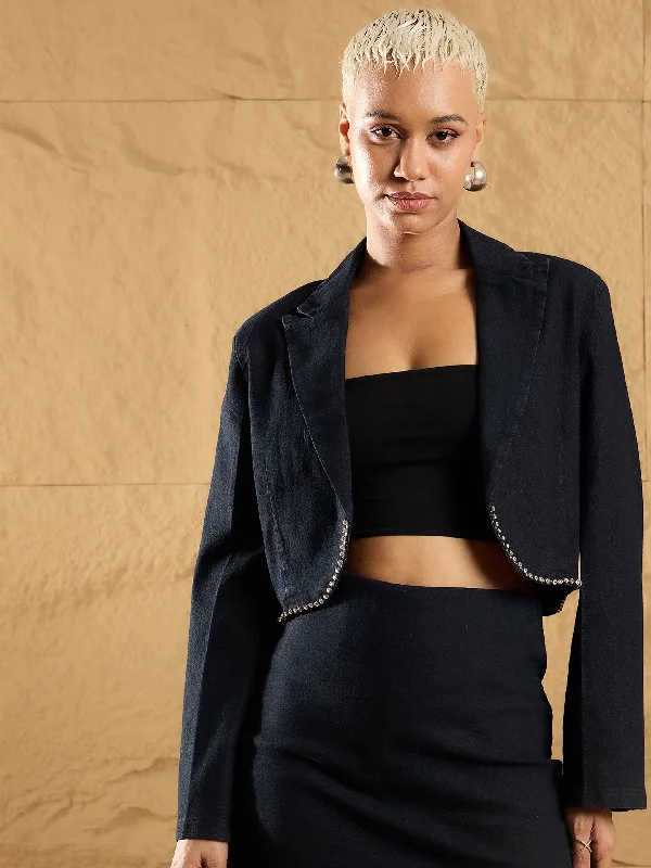 Women Black Denim Notch Collar Crop Blazer Women's Vacation Suit