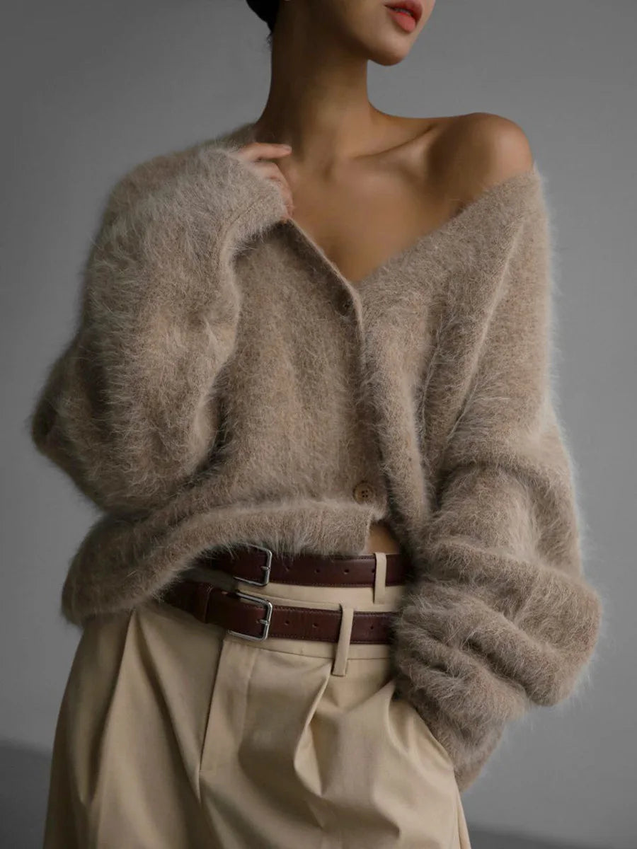 Advbridge Women Imitation Mink Cardigan Soft V-neck Thiick Knitted Jacket Winter Button Vintage Cardigan Sweater for Women Real Fur Shearling Chenille