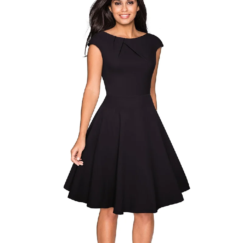 Women Elegant Summer Solid Color Ruched Cap Sleeve Casual Wear To Work Office Party Fitted Skater A-Line Swing Dress EA067