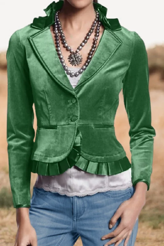 Vintage Velvet Panel Ruffled Blazer Women's Classic Blazer