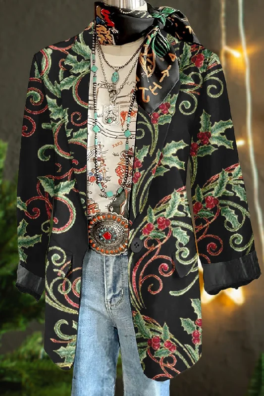 Elegant Christmas Floral Print Blazer Women's Adventure Blazer