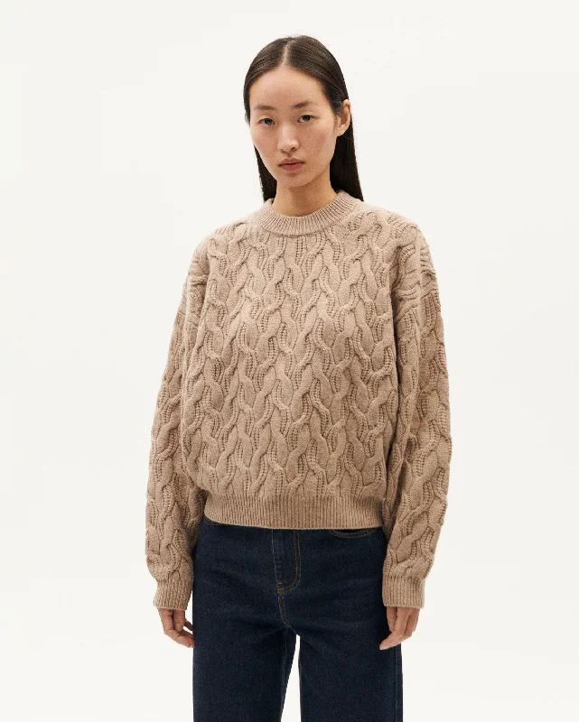 Beige Knitted Wool Sweater Carmen Fleece Sweater Nylon Polyester