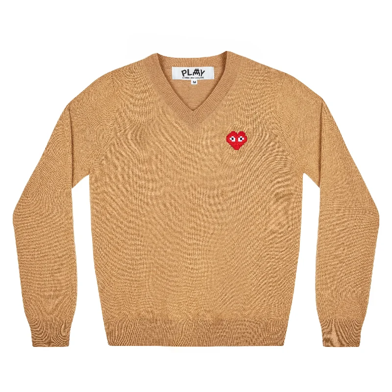 Play Comme des Garçons x the Artist Invader V-Neck Sweater (Camel) Layered Multi-layer Single Layer