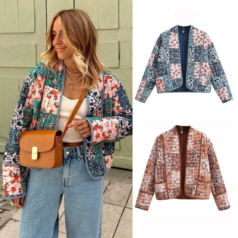 Wholesale Autumn New Women's Fashion Print Loose Casual Cardigan Cropped Cotton Jacket Velvet Chenille Corduroy