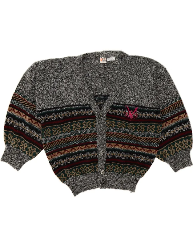 VINTAGE Womens Oversized Cardigan Sweater UK 18 XL Grey Fair Isle Terry Terry Cloth Terry Knit